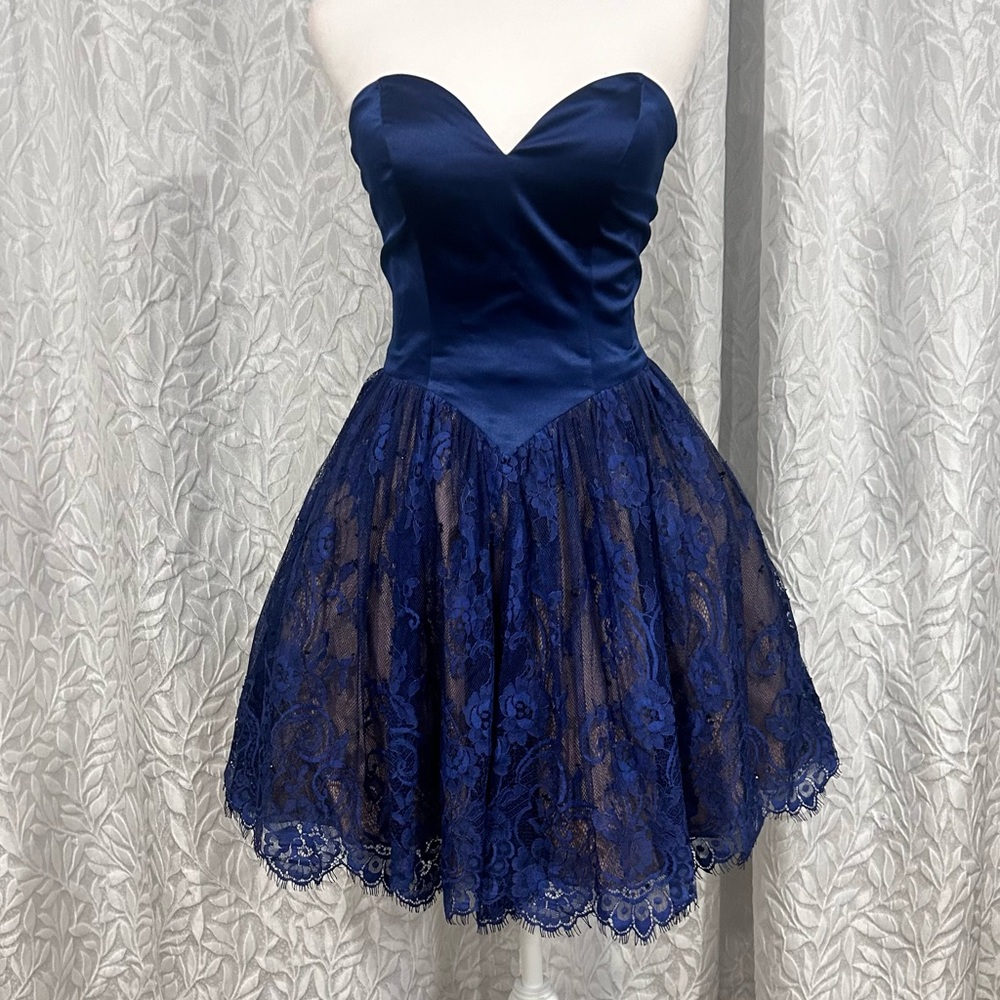 Sherri Hill Strapless Royal Blue Satin and Lace Dress